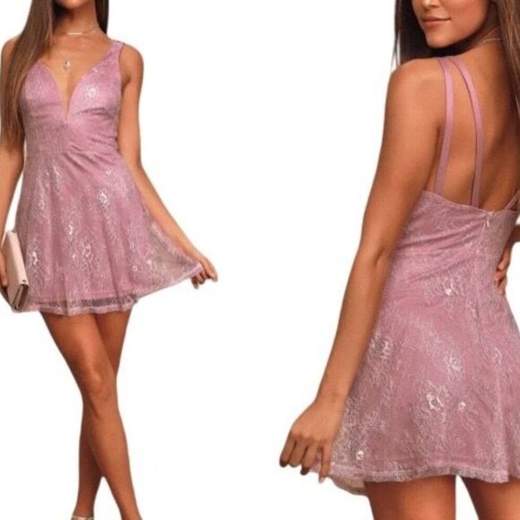 Lulus Womens Fueled By Love Mauve Purple Lace Skater Dress Size Medium - Picture 1 of 8